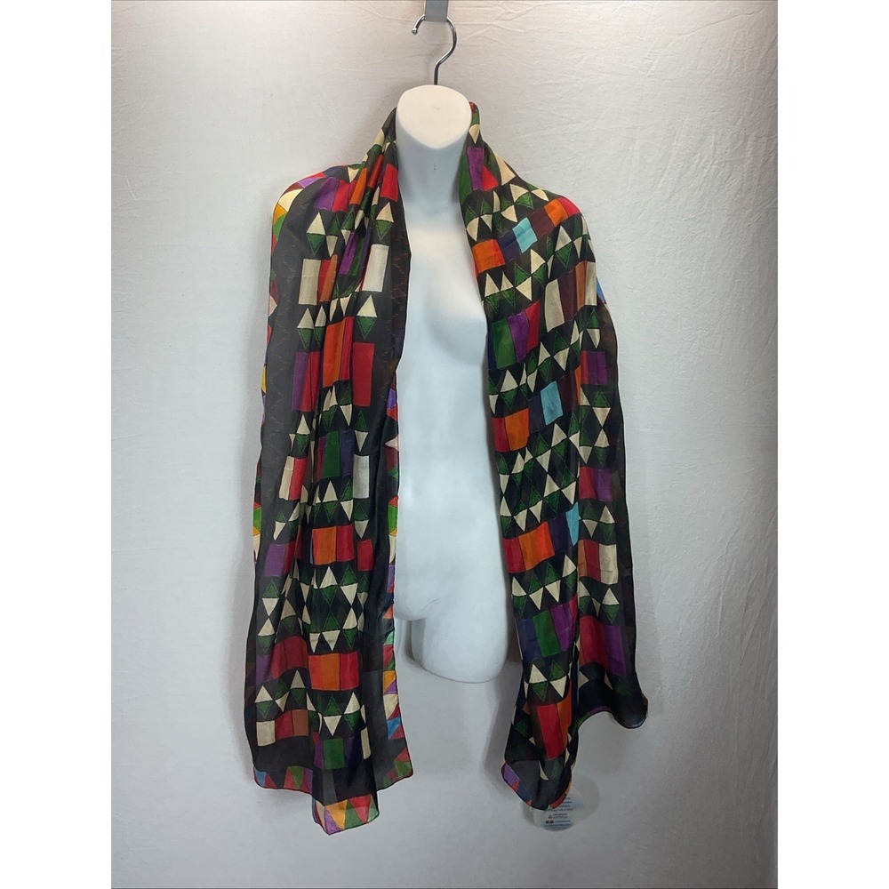 NWT‎ 100% Silk Scarf Namaskar Wearable Art Abstract Colorful Black geometric